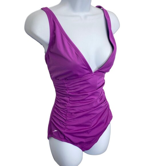 Speedo Rusched V Neck Purple Swimsuit One Piece Women's 16 - Picture 2 of 9